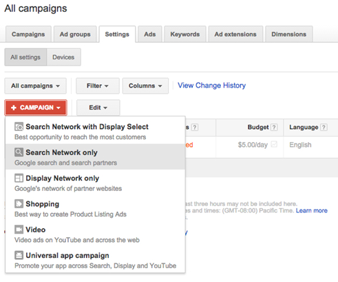 google adwords search network options